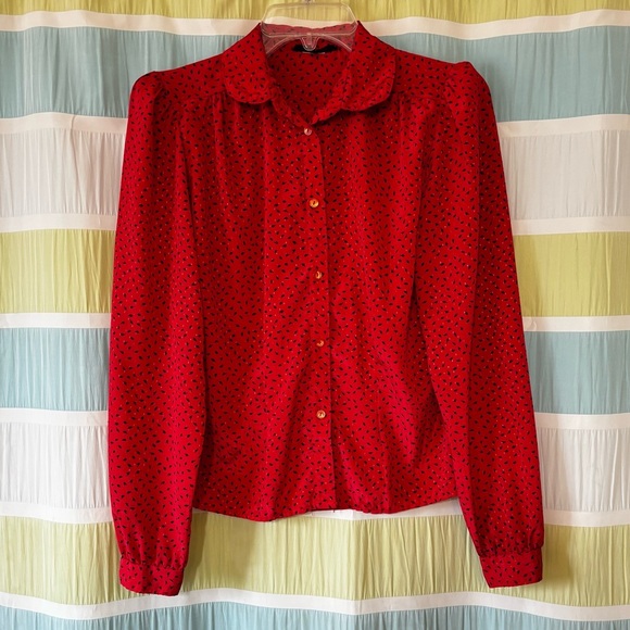 Vintage Red Polka Dot Peter Pan Collar Button Down Blouse Sz Medium - Picture 5 of 10